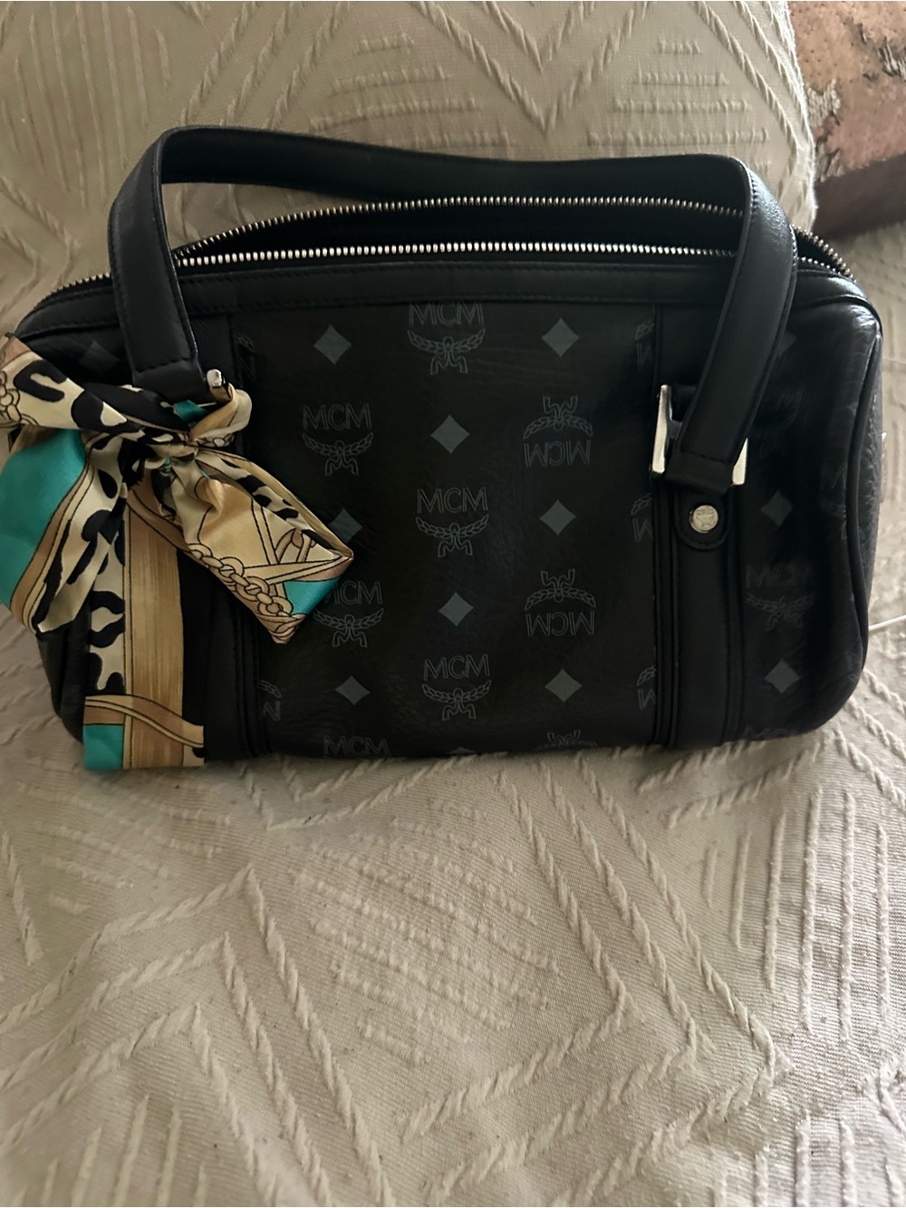 MCM Black Logo Monogram Satchel with Teal Scarf Accent